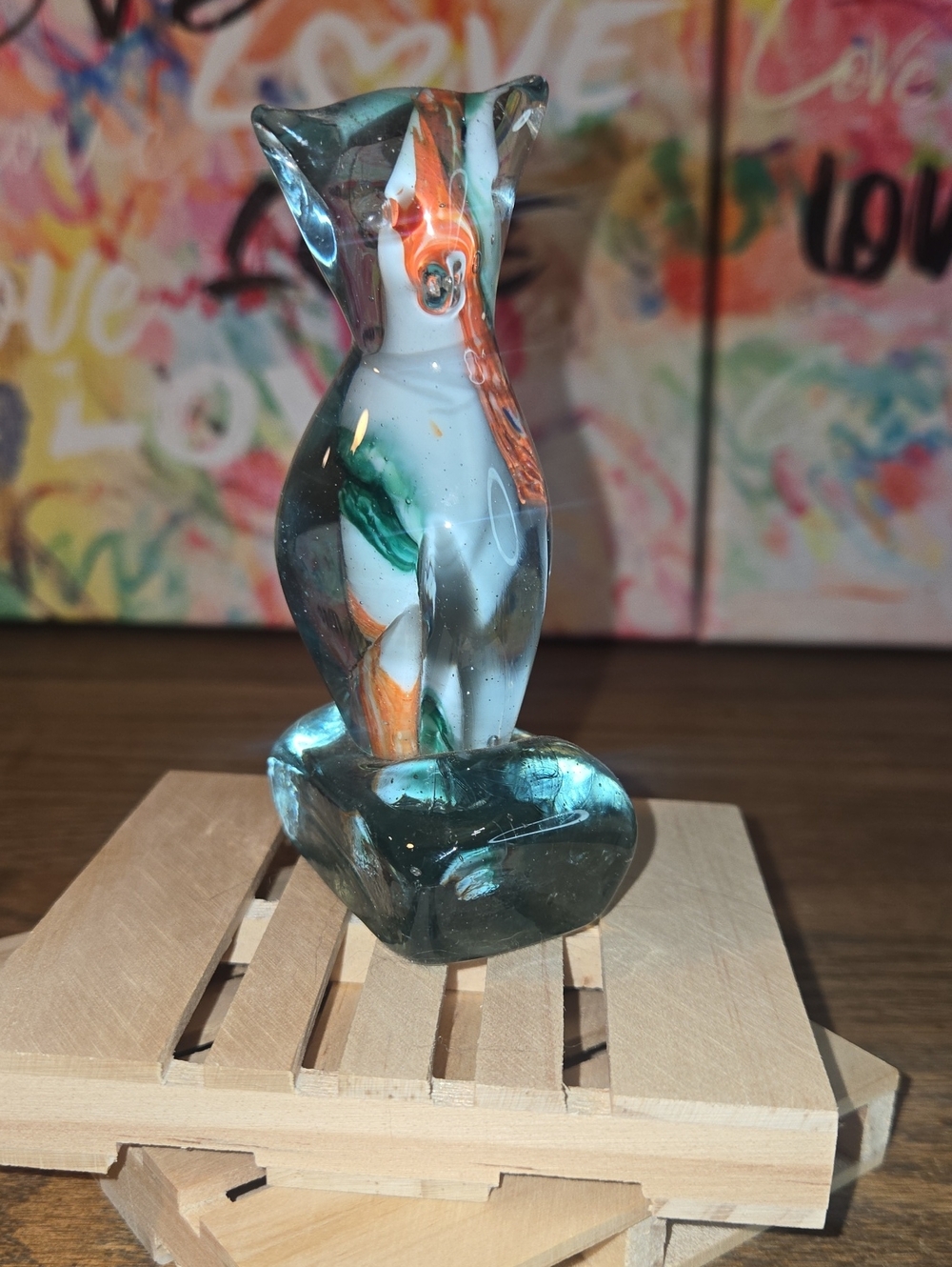 Handmade Glass Cat Figurine - Green, Orange, White